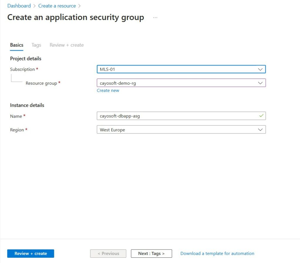 Creating an application security group on the Azure portal.