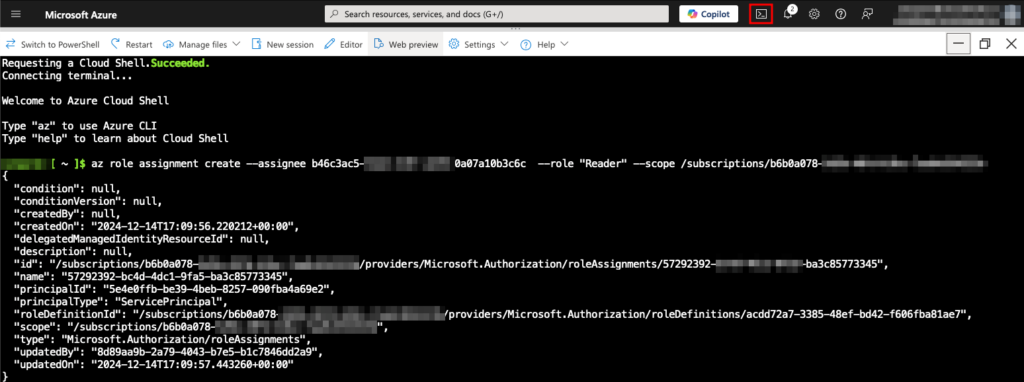 Execute the reader role assignment command in Azure Cloud Shell