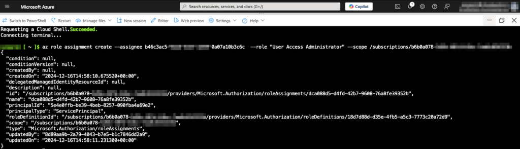 Execute the user access administrator role assignment command in Azure Cloud Shell