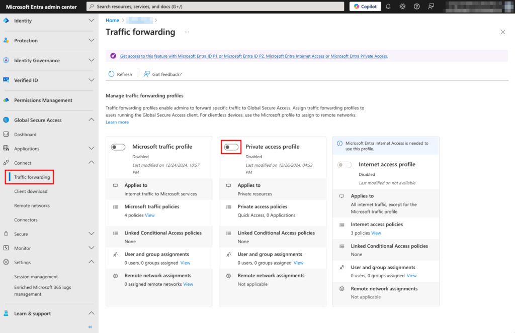 Next, you must assign the selected users and/or groups to the traffic forwarding profile. Click View under User and group assignments to do so. Then, use the link under Select users to add them. You can also assign this profile to all users. 