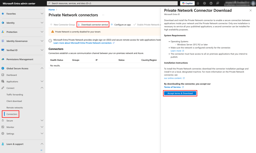 Double-click the MicrosoftEntraPrivateNetworkConnectorInstaller.exe file on the Windows Server to begin the installation process. When prompted, agree to the license terms and conditions and click Install. 