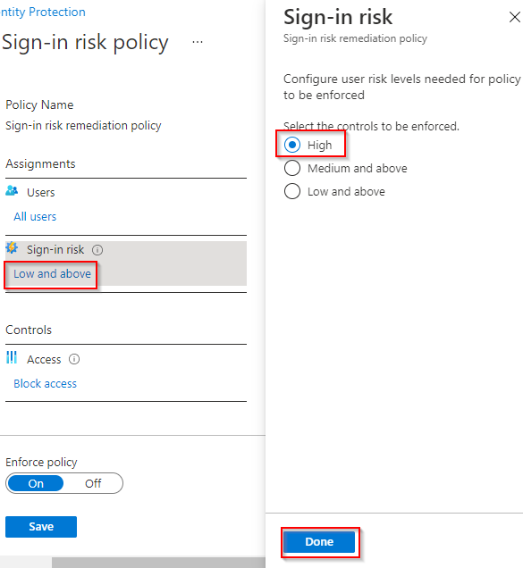 Enabling High risk on sign-in risk policies (source)