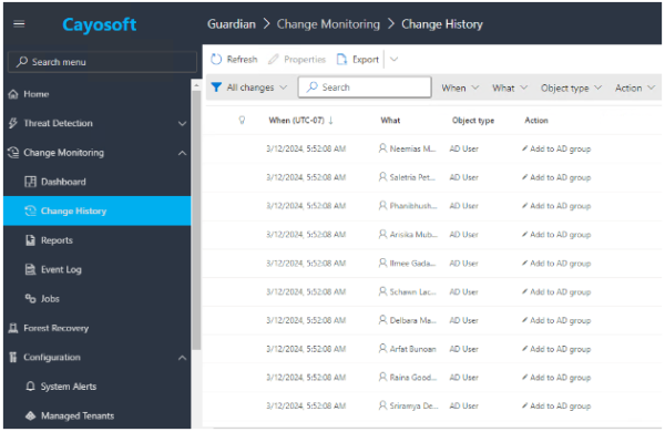 Change history view in the Guardian web portal