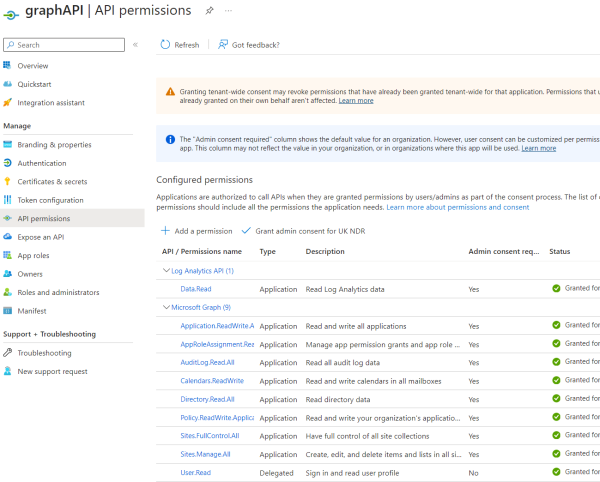 Example of an App registration for a script requiring Microsoft Graph access.