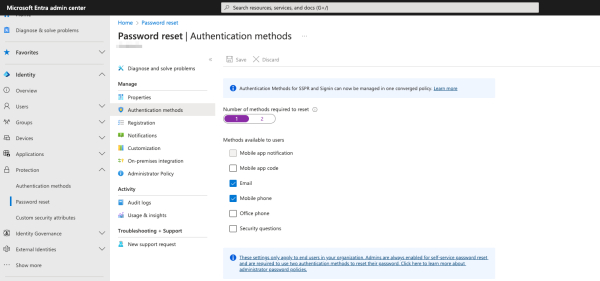 Setting authentication methods for SSPR