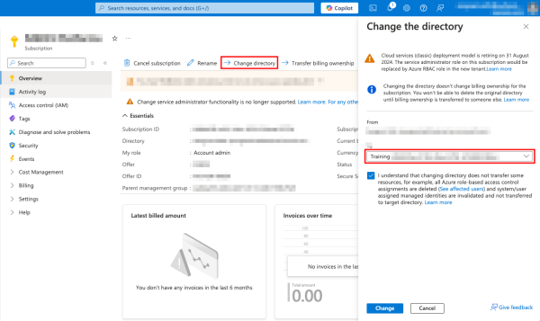 Changing the tenant/directory of an Azure subscription