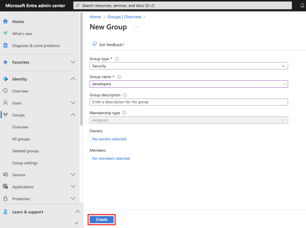 Creating a group in the Microsoft Entra admin center - Step 2