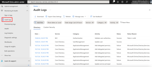 Viewing audit logs in the Microsoft Entra admin center