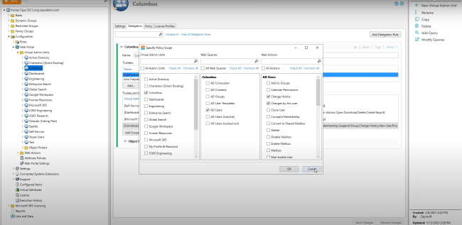 Cayosoft Administrator role/access delegation window.