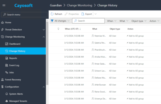 Change history from Cayosoft Guardian User Interface