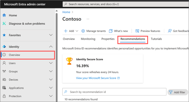 Example of Microsoft Entra ID Identity Secure Score.