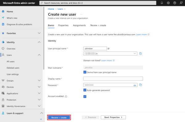 Creating a user in the Microsoft Entra admin center - Step 2