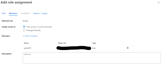 Example of assigning the Reader role to the graphAPI application for an Azure storage account