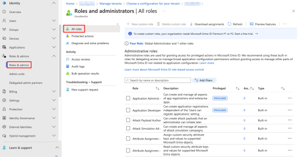 Viewing built-in roles in the Microsoft Entra admin center